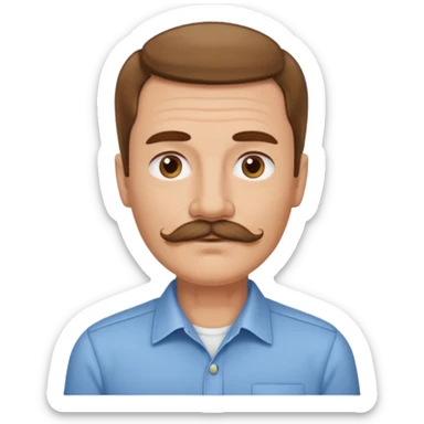 man with mustache, brown hair, 50 years old, shirt, high temple sticker