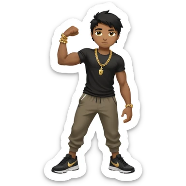 full side body close up view of muscular 13yo boy with veiny hands arms and biceps. has messy black hair with dark-tan skintone with black tshirt. has gold chain and nike shoes with baggy pants sticker