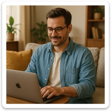 A man with glasses typing on a MacBook in a casual setting sticker