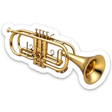 Create a sleek and professional emoji representing a Stomvi trumpet. The design should showcase the shiny, polished brass body of the trumpet with its distinct bell, valves, and tuning slides. Highlight the intricate keywork and the valve pistons, with detailed metallic accents and subtle reflections on the surface. The mouthpiece should be visible at the top of the instrument. Use golden and brass tones with light reflections to emphasize the smooth, high-quality finish. Add a few musical notes floating around the trumpet to evoke its bright and resonant sound. The background should be transparent. sticker