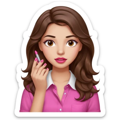 girl with long wavy brown hair, brown eyes, light to medium complexion, in a pink shirt, pink lips, long lashes, puckered lips, showing off painting long nails sticker