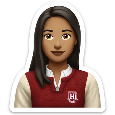 Girl with dark brown hair and tan white skin wearing a crimson and white sweater with the black crimson and white Harvard University logo on it  sticker