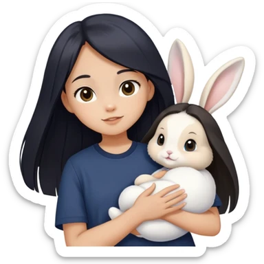 smiling with mouth closed, a young teenage girl with light tan skin, long black really-straight hair, brown eyes, navy colored oversized short-sleeved shirt and holding one white baby bunny wearing  sticker