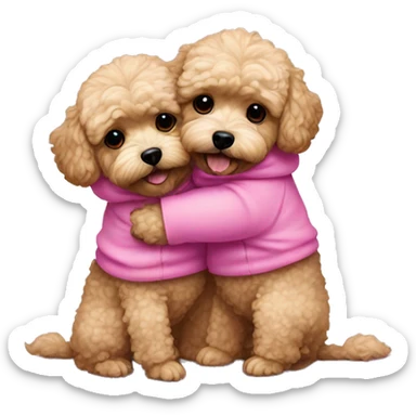 2 dark maltipoo dogs hugging, one wearing a pink sweatshirt and the other wearing a blue one sticker