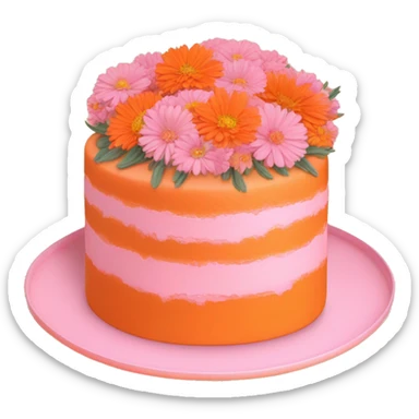 pastel pink and orange cake on orange plate with light pink mums and cosmos and zinnias sticker