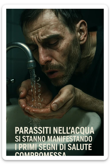 vertical realistic cinematic image of a man drinking water from a faucet, visible parasites in the water, early signs of health deterioration, clinical dramatic lighting, Italian captions, aspect ratio 2:3 sticker