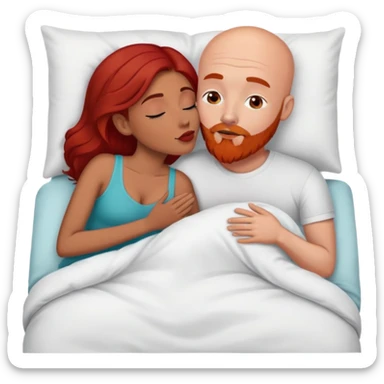 White Bald man with red beard; Hispanic woman with dark brown hair kissing in bed sticker