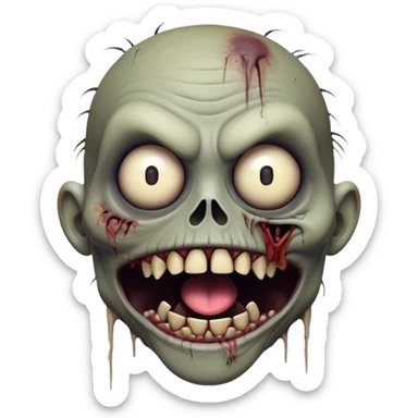 Cinematic Comical Zombie Portrait Emoji, with a grotesquely exaggerated yet playful decaying face in muted ashen tones, head cocked in a dramatically shocked expression with wildly comical, googly eyes and a gaping, silly grin revealing quirky stitches, simplified yet hilariously expressive, highly detailed with a soft eerie glowing outline capturing the absurd humor of a zombie in comic disbelief! sticker