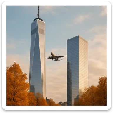 two skyscrapers and a plane that flyes to them, realism style, autumn sticker