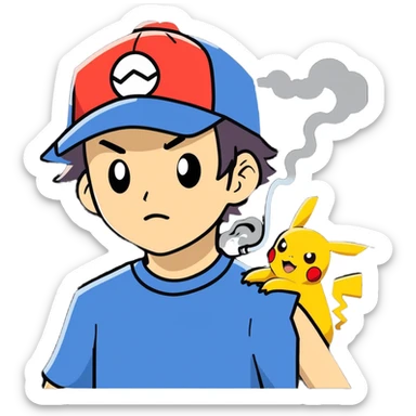 21 yo Handsome Ash Ketchum using a bong with picachu breathing out smoke sticker