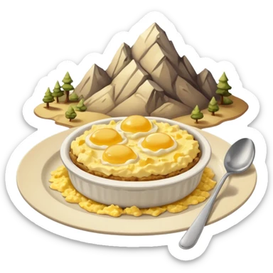 a deep dish plate with a yellowish food in it,  in a bit of small small lumps and very dry, small mountain. with a bit of applesauce on top on the side and a spoon sticking out sticker
