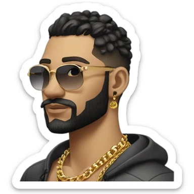 Russian strong thug wearing gold chain with black hair and short beard, mid-fade hairstyle, wearing designer fendi sticker