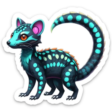 Rare warm-colored exotic edgy epic aesthetic spooky dark modern colorful cyber-Genet-Trico-Salandit-Civet-species-Fakemon-hybrid-creature, with beautiful intricate markings, full body sticker