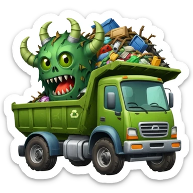 A garbage monster with a car and truck and tractor and garbage and junk inside sticker