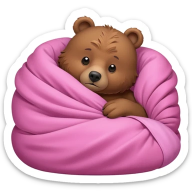 A brown bear lying on its side in a pink bed, curled up under the covers, trying to get comfortable. sticker