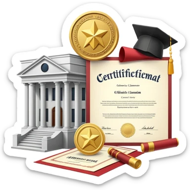 Government building with an official certificate or diploma document next to it sticker