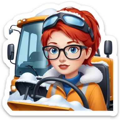lady with red hair, blue eyes and glasses driving a big Snowplow sticker