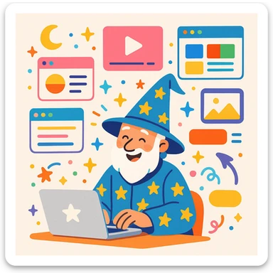 A cheerful wizard with a pointy hat, typing on a laptop, colorful website elements floating in the air, whimsical and modern style, bright colors, playful atmosphere sticker