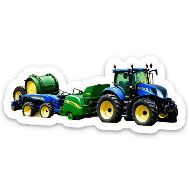 Baler – New Holland Roll-Belt 560 (2018) – Cinematic-realistic John Deere 6155M tractor towing a New Holland Roll-Belt 560 baler, its deep green body contrasting with the bright blue baler. The massive machine moves steadily through golden fields, compressing freshly cut hay into tight round bales, while dust swirls under the blazing afternoon sun. sticker