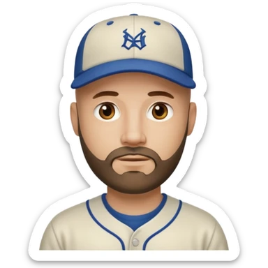 Man with bald head and beard wearing a baseball cap sticker