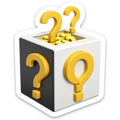 white cube shaped box printed with "q&a" over stuffed with yellow question marks sticker