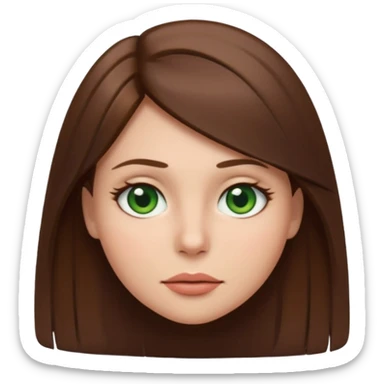 Female face emoji. Straight medium-length brown hair, fair skin, green eyes, neutral expression, closed lips, minimal makeup sticker