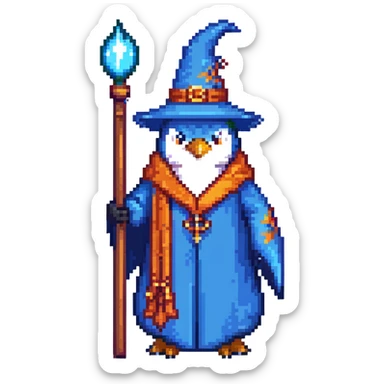 pixel art penguin wizard with a blue robe and staff sticker