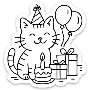outlined icon of a ginger tabby kitten celebrating birthday, wearing a birthday hat, with birthday cake, balloons, happy expression, and gifts sticker