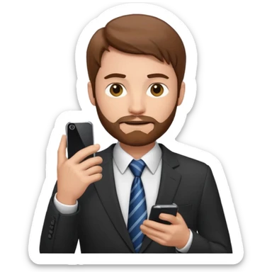 Un hombre con un poco de barba,  de traje con tez clara pelo color castaño, vestido con traje camisa y corbata y celular en mano .  sticker