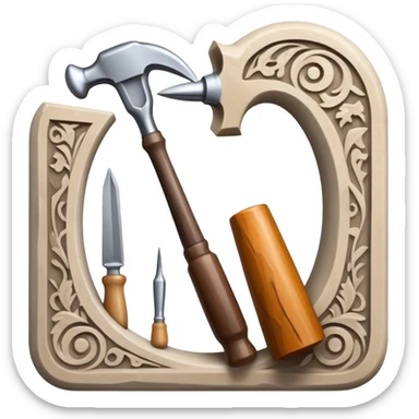 Carving icon, stone, bone, and horn with detailed patterns, carving tools like chisel, awl and hammer, minimalistic style, clean lines, transparent background. sticker