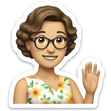 brunette white lady in flowery dress wearing glasses and waving  sticker