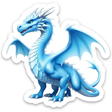 Cinematic Noble elegant Ice Dragon full body Emoji, Poised and imposing, distinct long elegant snout, with a slender, scaled body shimmering in glacial hues of icy blue, frostbitten silver, and crystalline white, breathing out frost, with piercing, glowing eyes that radiate the chilling depths of an arctic storm; rendered in detail. displaying its wings sticker