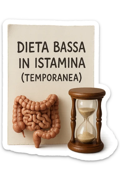 foglio di carta di una dieta con la scritta "DIETA BASSA IN ISTAMINA (TEMPORANEA), E ACCANTO CI METTI UN INTESTINO IN MINIATURA E UNA CLESSIDRA, iperrealistico 4k sticker