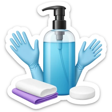 big (1L) bottle of shampoo, disposable gloves and cotton pads (for makeup) are standing on a table sticker