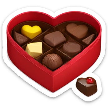 A heart shaped red chocolate box opened to reveal some chocolates inside sticker