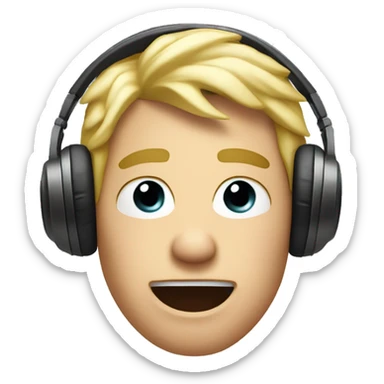 a blonde man listening o music with a surprised face sticker