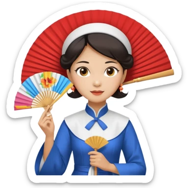 a vietnamese woman wearing a white ao dai holding a folding fan elegantly, wearing a nón lá sticker