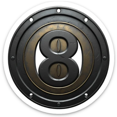 Minimal emoji, gothic metal coin made of black steel, engraved number 8 at the center, ancient industrial aesthetic, worn metal texture, no glow, no neon, flat emoji design, centered, transparent background sticker