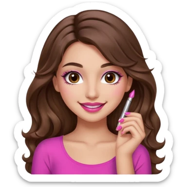 girl with long wavy brown hair, brown eyes, long lashes makeup, sexy pink lips, light to medium complexion, pink sexy top, smiling, hand by the cheek sticker