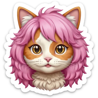 calico cat wear curly short pink hair wig sticker