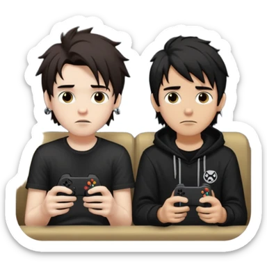 pale Goth boy with a bunch of face piercings, with shaggy dark brown hair, next to a tan skin gamer boy with long black hair , they are watching a movie together  sticker