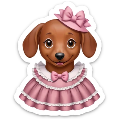 Собака такса улыбается в полном коорде лолитного платья дымно розового цвета sticker