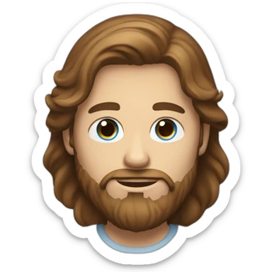 man with brown long hair, a beard and blue eyes holding an iphone sticker