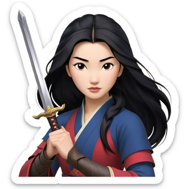 Cinematic Realistic Mulan Portrait, depicted with lifelike skin texture, soft natural lighting, and intricately detailed long black hair styled elegantly. Her deep, expressive eyes exude determination and grace, complemented by a serene yet confident expression. She stands with one hand resting on the hilt of her sword, the other by her side, exuding strength and poise. She is dressed in her classic attire, with rich fabric textures and delicate folds that catch the light beautifully. The portrait features a soft, enchanting glow with a natural, radiant finish, capturing the essence of timeless strength and beauty in a realistic and painterly style, evoking a sense of depth and authenticity. sticker