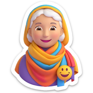 3D smiley emoji, round shape, grandmother wearing a colorful scarf, purple color, smiling face sticker