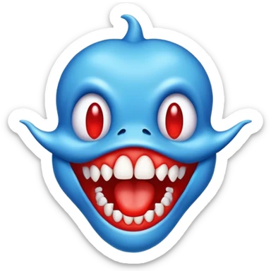 a toothed blue creature with a red mouth sticker