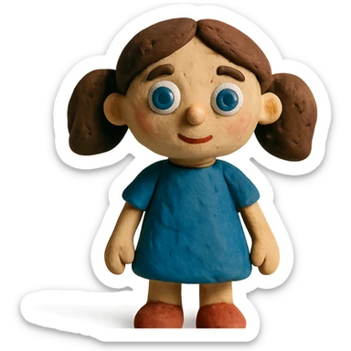 claymation style girl with brown hair and blue eyes sticker