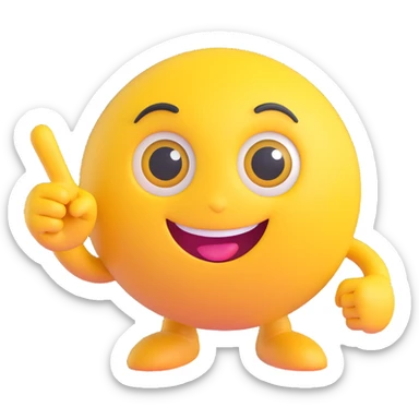 A yellow round emoji character with big eyes and a confident smile, clearly pointing both index fingers at itself. Strong “ME!” expression. Bold cartoon style, isolated on white sticker