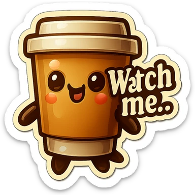 Tall coffee cup, giggling, mischievous eyes, "Watch me..." sticker