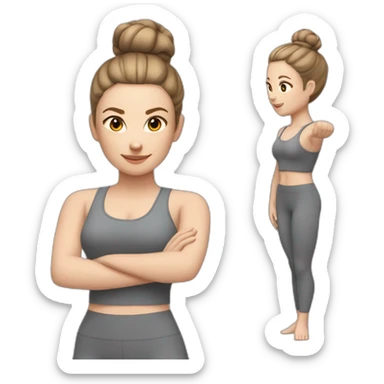Pale skinned fit woman In a gray tight yoga suit and wristbands With brown hair in a bun  sticker